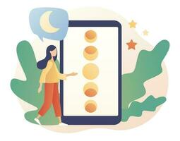 måne faser på smartphone skärm. astrologi begrepp. natt Plats astronomi. magi lunar trolldom kort. modern platt tecknad serie stil. vektor illustration på vit bakgrund