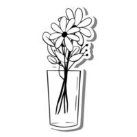 schwarz Linie Gekritzel Blumen im Glas auf Weiß Silhouette und grau Schatten. Hand gezeichnet Karikatur Stil. Vektor Illustration zum schmücken und irgendein Design.