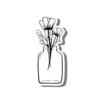 schwarz Linie Gekritzel Blumen im Flasche auf Weiß Silhouette und grau Schatten. Hand gezeichnet Karikatur Stil. Vektor Illustration zum schmücken und irgendein Design.