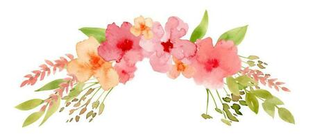 vattenfärg orange och rosa abstrakt blommor med grön löv och grenar. hand dragen illustration med blommig bukett för hälsning kort eller bröllop inbjudningar. teckning på isolerat vit bakgrund vektor