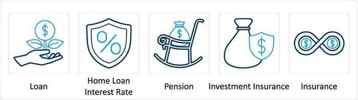 ein einstellen von 5 extra Symbole wie Darlehen, Zuhause Darlehen Interesse Rate, die Pension vektor