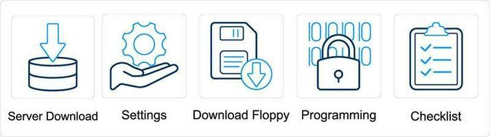 ein einstellen von 5 mischen Symbole wie Server herunterladen, Einstellungen, herunterladen Diskette vektor
