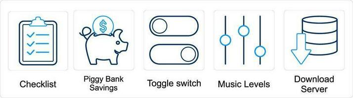 en uppsättning av 5 blanda ikoner som checklista, nasse Bank besparingar, toggle växla vektor