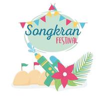 Songkran Festival Wasserpistole Blumenfahnen Sandpalast vektor