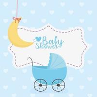 Babyparty, blauer Kinderwagen und hängende Monddekoration vektor