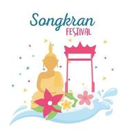 Songkran Festival Buddha berühmte Wahrzeichen Blumen Karte vektor