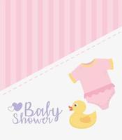 baby shower, rosa bodysuit och anka leksak firande kort vektor