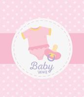 baby shower, bodysuit och napp firande prickar rosa bakgrund etikett vektor