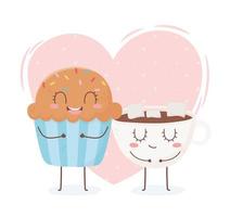 Cupcake und Schokoladentasse mit Marshmallow-Kawaii-Essen-Cartoon-Charakter-Design vektor