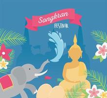 songkran festival elefant buddha vatten blommor dekoration kort vektor
