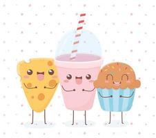 Käse-Cupcake und Smoothie-Tasse Kawaii Food-Cartoon-Charakter-Design vektor