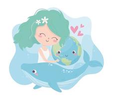 süßes Mädchen umarmt Weltwal Liebesherzen Umwelt Ökologie vektor