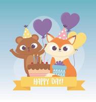süßer Bär und Fuchs mit Partyhüten Kuchenballons Feier glücklich balloon vektor