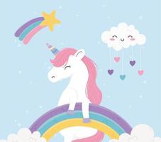 einhorn regenbogen wolken herzen liebe fantasie magie traum niedliche cartoon vektor