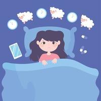 sömnlöshet, ledsen tjej på sängen räknar får med klockmedicin och mobil vektor