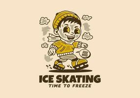 Eis Skaten Zeit zu einfrieren, Maskottchen Charakter Illustration von ein wenig Junge spielen Eis Schlittschuh vektor