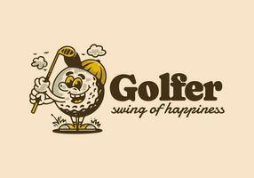 golfspelare gunga av lycka, maskot karaktär illustration av golf boll innehav en golf pinne vektor