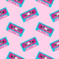 90s sömlös mönster retro kassett i platt tecknad serie stil. rosa retro musik bakgrund vektor