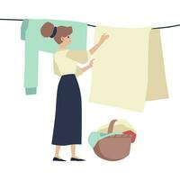 Frau hängt Kleidung auf Seil nach Wäscherei, eben Vektor Illustration isoliert.