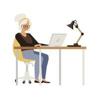 äldre kvinna skriver på bärbar dator dator, platt vektor illustration isolerat.