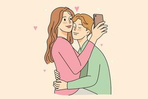 glücklich Paar kuscheln machen Selbstporträt Bild auf Handy. lächelnd Frau sitzen auf Geliebte Mann Runden nehmen Selfie auf Handy zusammen. Liebe und Beziehungen. Vektor Illustration.