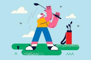 glücklich Alten Oma genießen Reife abspielen Golf auf Gericht draußen. lächelnd reifen Mann im Sportbekleidung haben Spaß tun Sport außen. physisch gesund Lebensstil. Vektor Illustration.