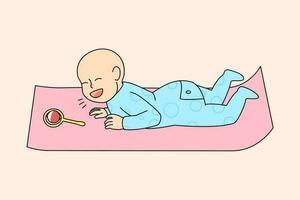 lächelnd Neugeborene Baby im Schlafanzug Lügen auf Kinder Matte Lachen. süß glücklich wenig Kind Kleinkind kriechen auf Bauch. froh bezaubernd Säugling im Schlafanzug. Kindheit Konzept. Vektor Illustration.