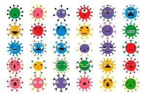Coronavirus Gekritzel Satz. Grafik Sammlung von bunt gespenstisch unheimlich Viren Bakterien Karikatur Zeichen Zellen isoliert auf Weiß. Gesundheitswesen und medizinisch Schutz Vektor Illustration zum drucken.