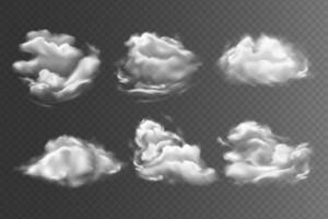 realistisch Himmel Wolken Satz. Sammlung von Realismus Stil gezeichnet anders bilden gestalten flauschige Kumulus Dampf isoliert Nebel. bedeckt Erde Atmosphäre 3d Grafik Illustration zum drucken Banner. vektor