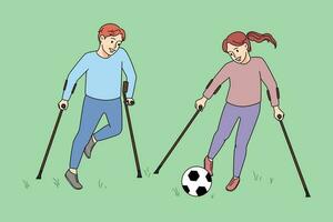 glücklich klein Kinder mit physisch Behinderungen abspielen Fußball draußen zusammen. lächelnd deaktiviert behindert Kinder haben Spaß genießen draußen Sport Aktivitäten. adaptiv Sport. Vektor Illustration.