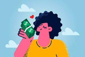 Lycklig ung kvinna håll lugg av dollar sedlar upphetsad med lotteri vinna eller seger. leende flicka med kontanter pengar stack lycklig med förtjänst eller hög lön. finansiera. vektor illustration.