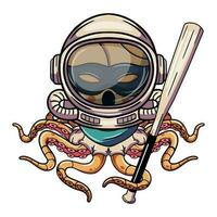 tecknad serie bläckfisk cyborg astronaut karaktär med Plats kostym och en baseboll fladdermus. illustration för fantasi, vetenskap fiktion och äventyr serier vektor