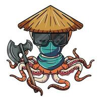 tecknad serie cyborg bläckfisk karaktär med kinesisk hatt, en krig yxa, glasögon och en ansikte mask. illustration för fantasi, vetenskap fiktion och äventyr serier vektor