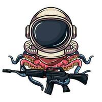 tecknad serie serier karaktär bläckfisk cyborg explorer i astronaut kostym med en maskin pistol. illustration för fantasi, vetenskap fiktion och äventyr serier vektor