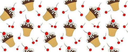 nahtlos Muster von ein Cupcake mit Kirschen auf ein Weiß isoliert Hintergrund. Schokolade Brownie, Cupcake mit Kirsche im Karikatur Stil. vektor
