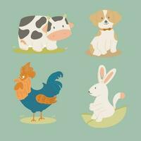 djur- söt ikon med kanin, ko, tupp och hund vektor
