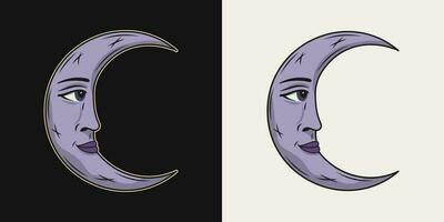 Halbmond Mond mit Gesicht im Profil. Vektor Illustration im Jahrgang Stil auf Schwarz, Weiß Hintergrund. mythologisch Märchen Charakter