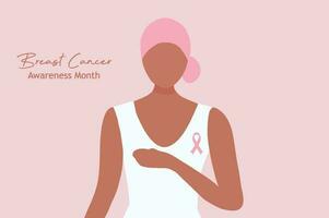 bröstcancermedvetenhet för kärlek och stöd. vackra unga kvinnor röra hennes bröst med rosa band brosch vektorillustration. bröstcancer koncept bakgrund vektor
