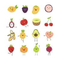 Karikatur Obst Charakter Aufkleber. komisch Emoticon im eben Stil. Essen Emoji. komisch Obst Zeichen isoliert auf Weiß Hintergrund, süß und komisch Obst einstellen Vektor Illustration