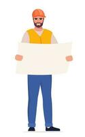 Mann Ingenieur. bauarbeiter in uniform und orangefarbenem schutzhelm, zeichnung in den händen haltend. Leiter der Bauarbeiten. Vektor-Illustration. vektor