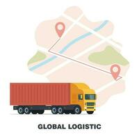 frakt logistik transport begrepp. global logistisk nätverk. frakt lastbil transport på en bakgrund av de Karta med röd stift. importera, exportera. global frakt transport. vektor. vektor