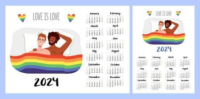 Kalender Layout zum 2024. Frauen haben Sex. lesbisch, Fröhlich, lgbt. Monat von Stolz und Regenbogen vektor