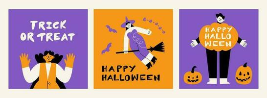en uppsättning av vykort för halloween. rolig människor i kostymer. de inskrift lura eller behandla. pumpa, häxa och vampyr vektor