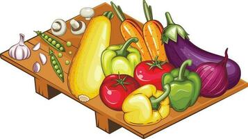 frisch Gemüse Illustration, Gemüse mischen von Zucchini, Tomate, Zwiebel, Karotte, Grün Erbse, Knoblauch, Aubergine und Glocke Pfeffer vektor