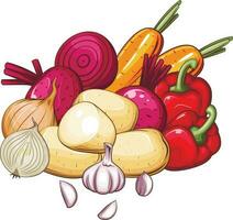 färsk grönsaker illustration, grönsaker blanda av potatis, tomat, lök, morot, vitlök, rot och klocka peppar vektor