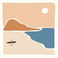 allein Mann mit ein Surfbrett Spaziergänge entlang das Strand. modern Landschaft Ozean und Strand. zurück zu Natur. abstrakt Silhouette Hügel. ästhetisch Berge. Lager Vektor Illustration.