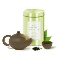 realistisch detailliert 3d organisch Grün Tee Metall Zinn, Teekanne und Tasse Satz. Vektor