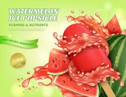 realistisch detailliert 3d Wassermelone Eis Eis am Stiel Anzeigen Banner Konzept Poster Karte. Vektor