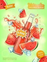 realistisch detailliert 3d Wassermelone organisch Saft Flasche Anzeigen Banner Konzept Poster Karte. Vektor