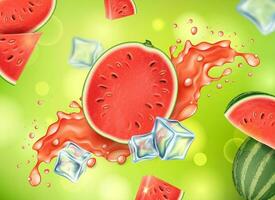 realistisch detailliert 3d Hälfte frisch Wassermelone mit Spritzen Saft Frische trinken Konzept Hintergrund. Vektor